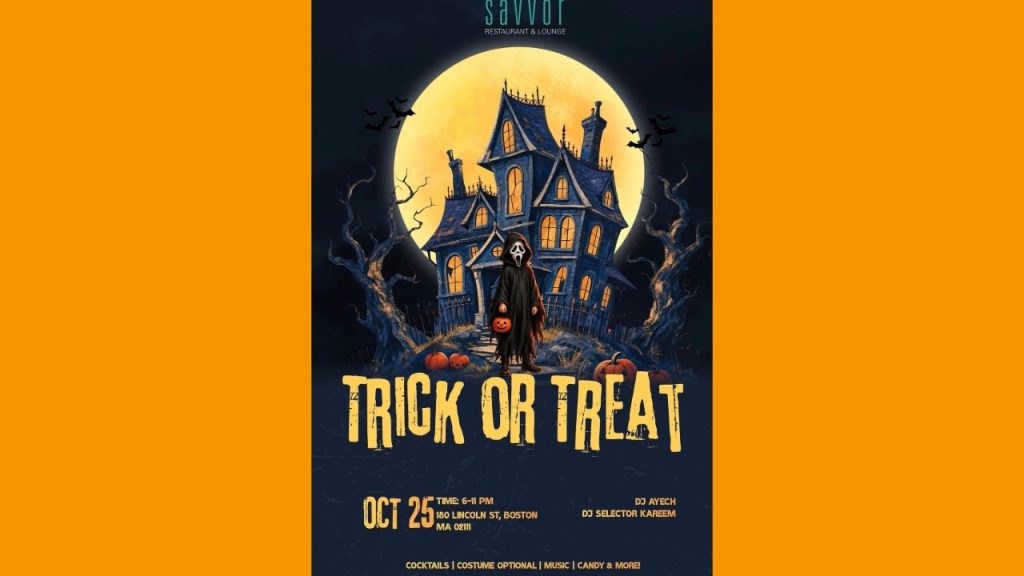 Savvor Lounge, Boston – Trick or Treat – Oct 25, 2026. DJs Ayech & DJ Selector Kareem on decks.